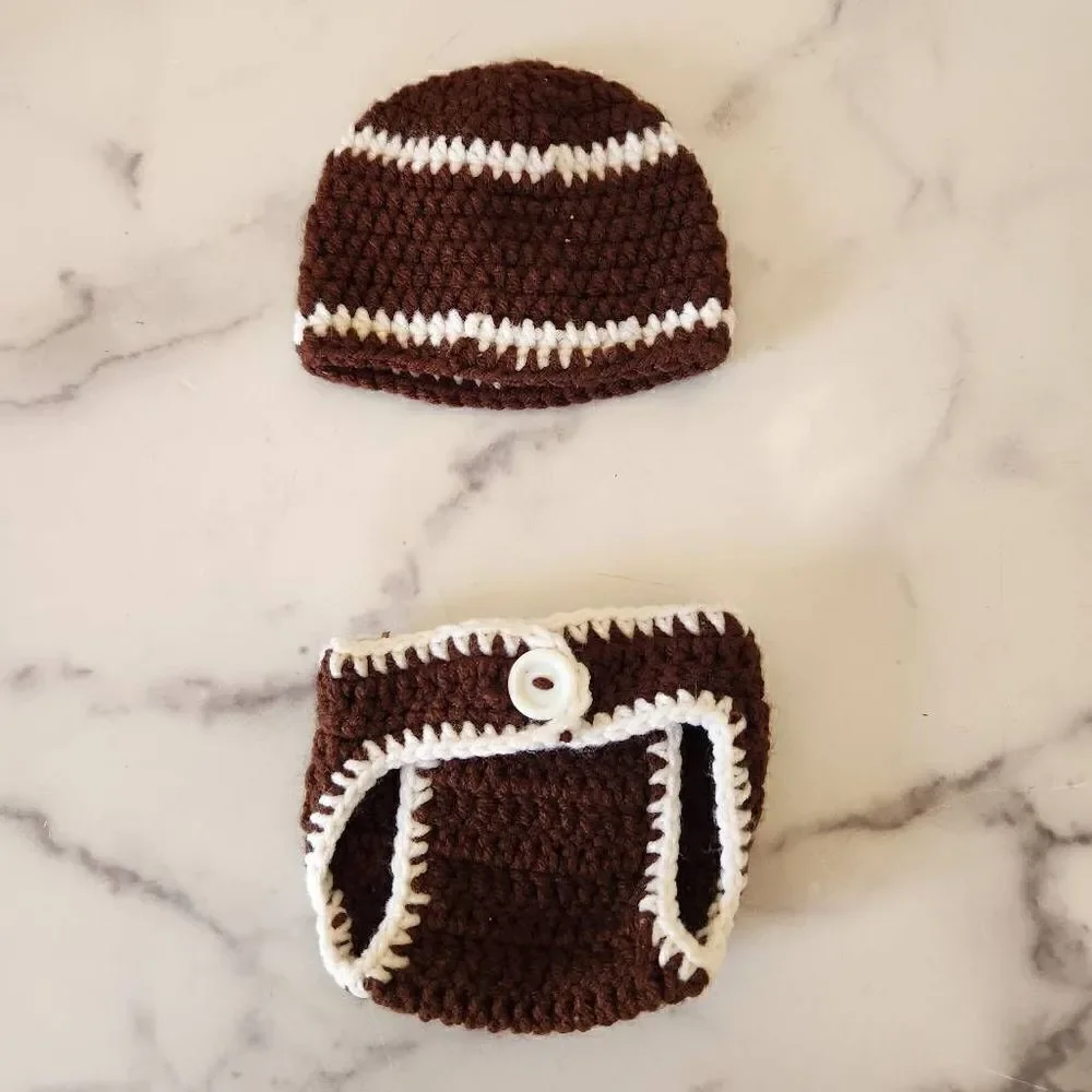 Newborn baby boy handmade brown white football crochet knit beanie diaper cover